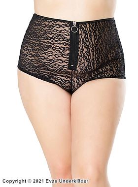 Boyshort panties, sheer lace, high waist, front zipper, leopard (pattern), plus size